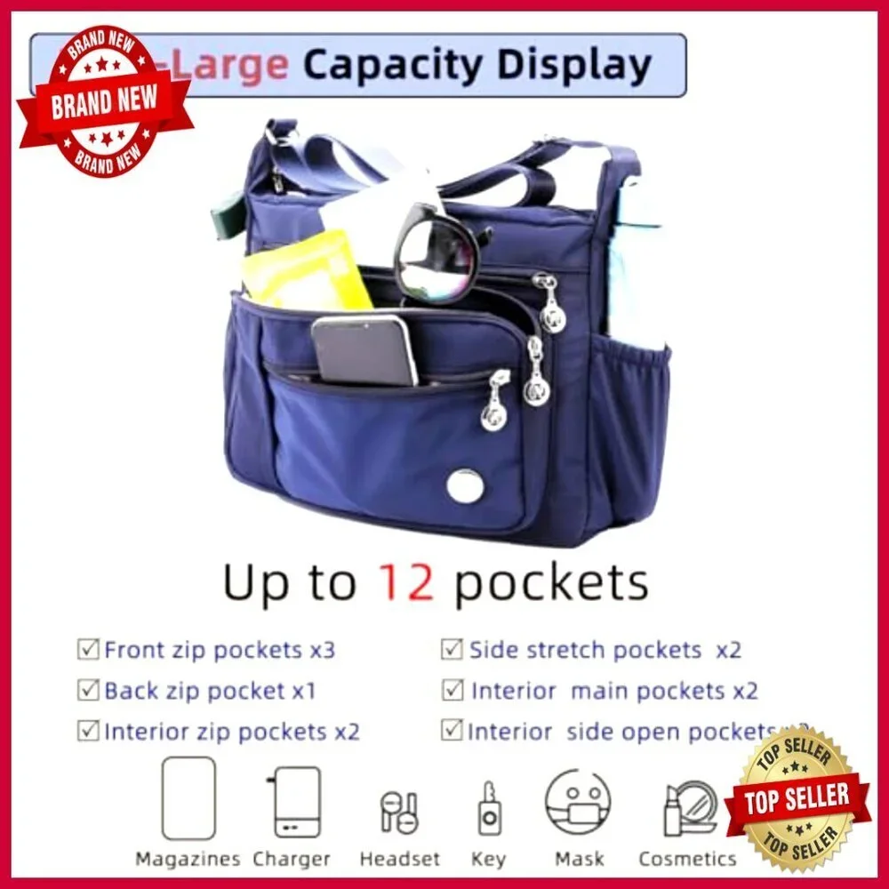 Large Nylon Satchel with 12 Pockets, Adjustable Strap, Waterproof Tote